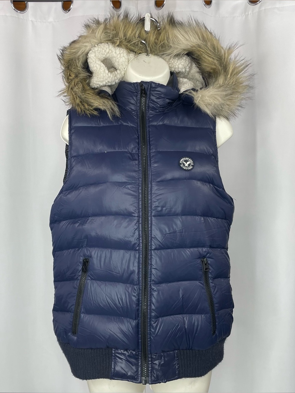American Eagle Outfitters Navy Down Puffer Vest Faux Fur Hood Large